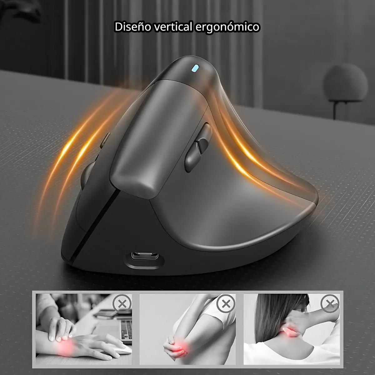 Mouse Ergonómico Reduce Tension En La Muñeca Vertical Recargable Con Clic Silencioso. Color Negro. Ratón Para Computadora. 1