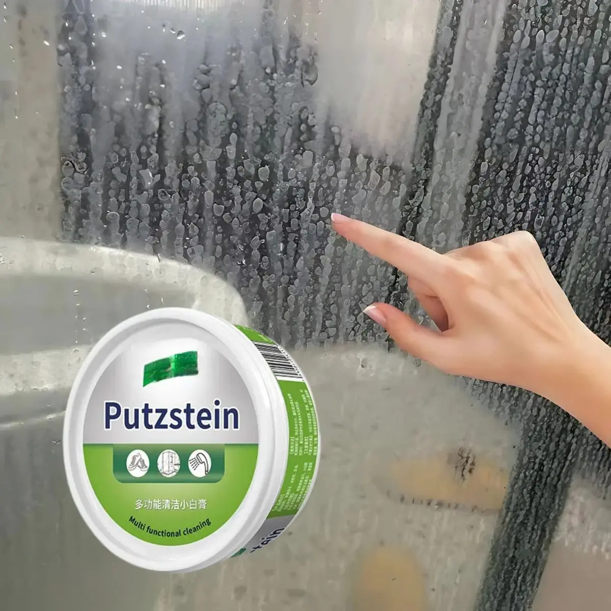 Crema Limpiadora Mancha De Agua Vidrios Grifos  Putzstein 180G. Limpieza, Pulido Y Protección 3 En 1. Usar Con Esponja Anti-Raya Código L209. 1