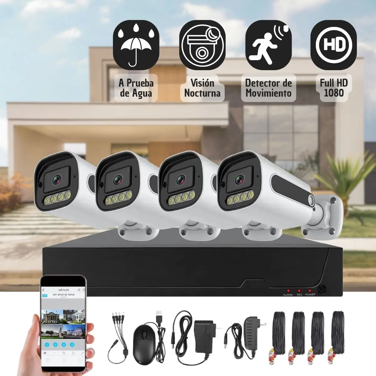 Cámaras De Seguridad Hd Cctv (Set De 4). Con Sensor De Movimiento, Visión Nocturna, A Prueba De Agua. Cámara De Videovigilancia Con Audio Y Wifi 1
