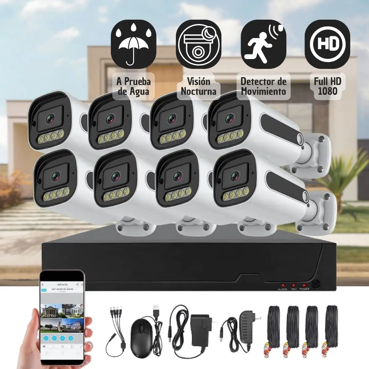 Cámaras De Seguridad Hd Cctv (Set De 8). Con Sensor De Movimiento, Visión Nocturna, A Prueba De Agua. Cámara De Videovigilancia Con Audio Y Wifi 1