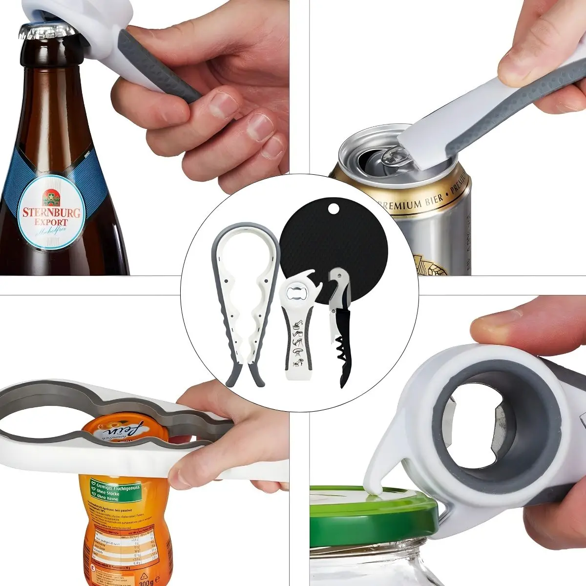Abridor De Frascos Universal 5 En 1. Destapador De Tarros. Abridor De Botellas Y Latas Con Tapete Antideslizante. 1