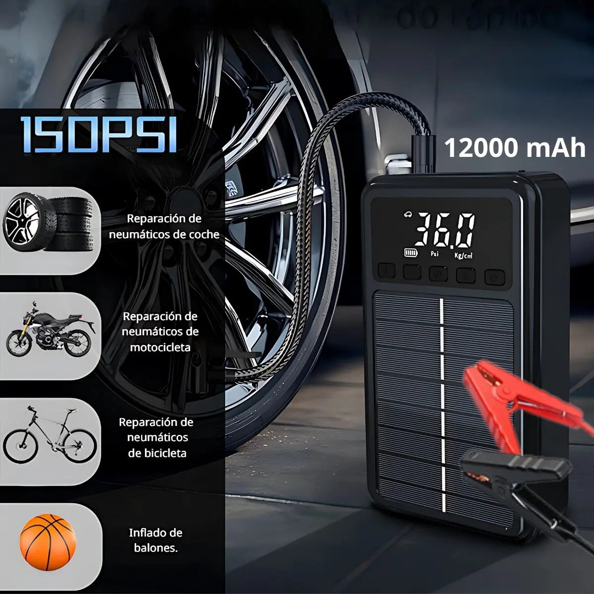 Jumper Arrancador Portátil De Batería De Carga Solar Con Compresor De Aire. Batería Auxiliar 12000Mah Con Cargador Tipo C. 1