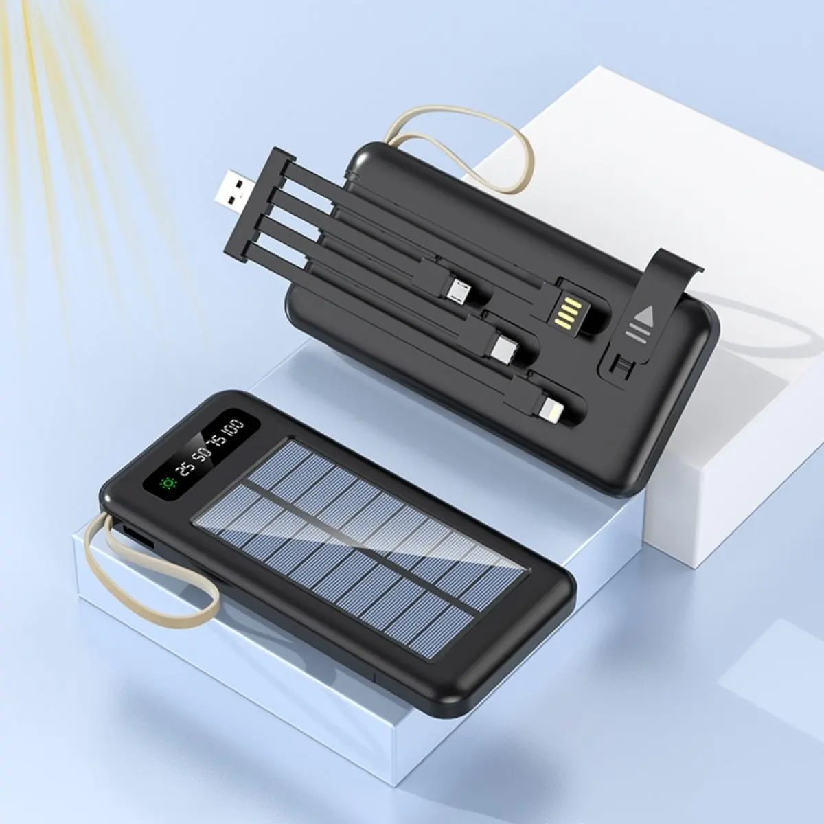 Power Bank Solar 10000 Mah Con Cable Integrado. Compatible Con Tipo-C, Micro Usb, Lightning. Cargador Portátil Para Celulares Con Panel Solar. 1