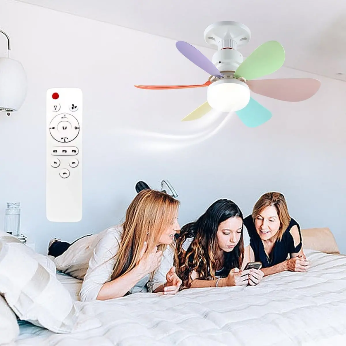 Abanico De Techo Socket De Colores E27 Con Luz Led Regulable 3000-6500K. Ventilador 3 Velocidades, 6 Aspas Y Control Remoto. 520X185mm.  Multicolor. 1