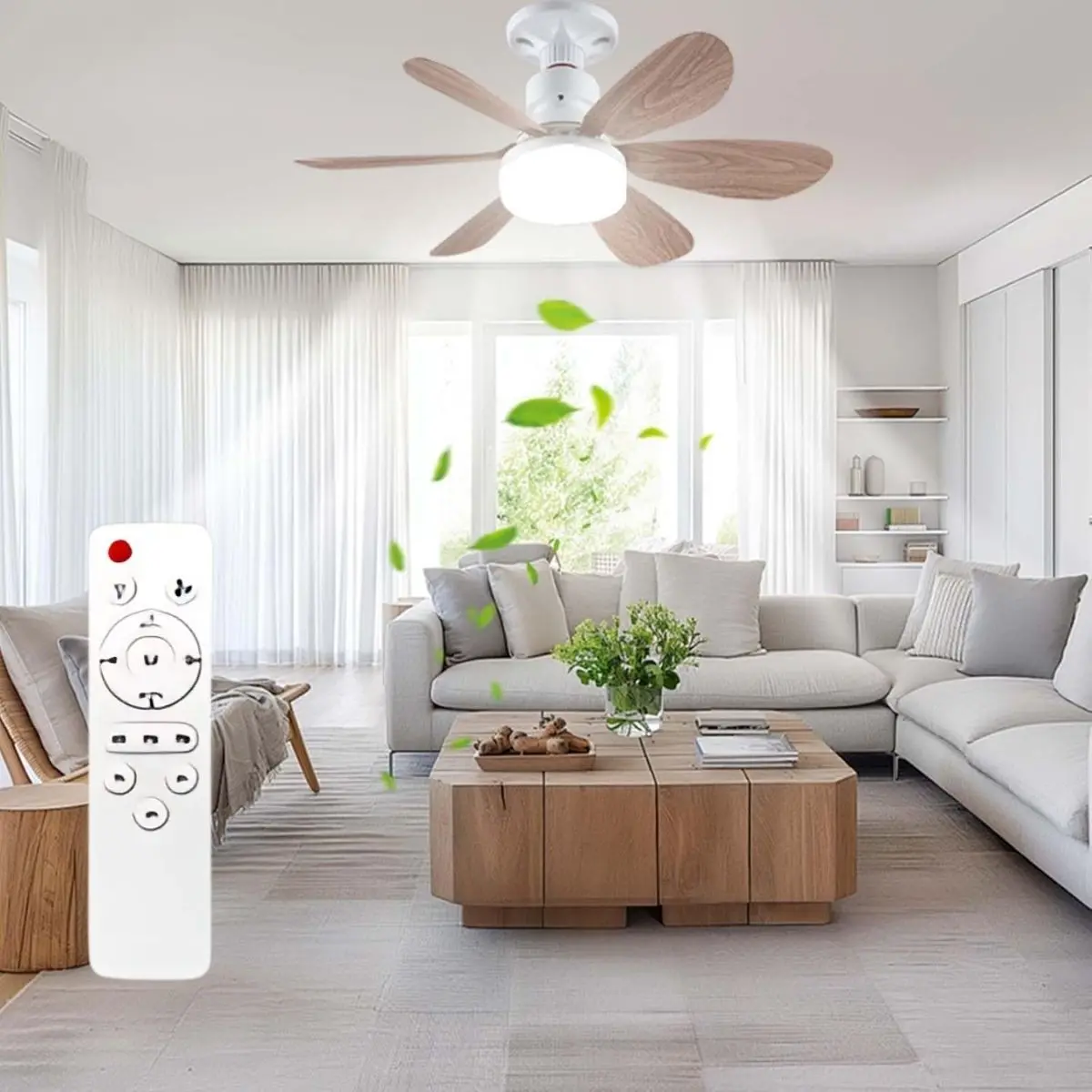 Abanico De Techo De Madera Socket E27 Con Luz Led Regulable 3000-6500K. Ventilador 3 Velocidades, 6 Aspas Y Control Remoto. 520X185mm. 1