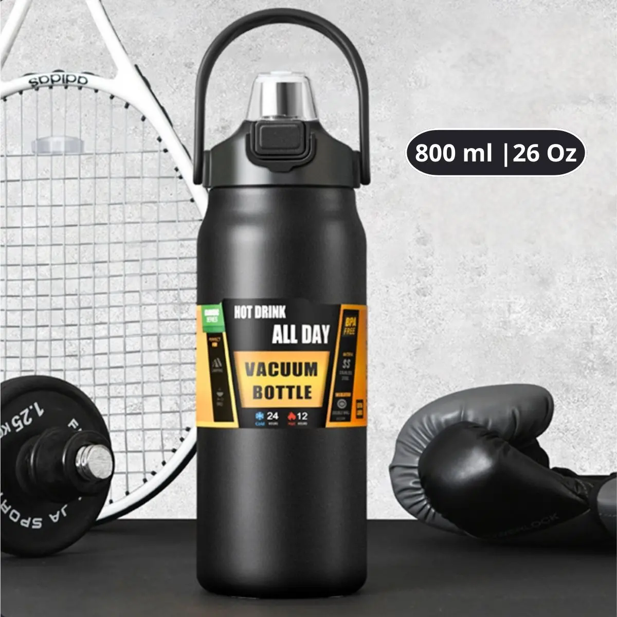 Botella De Agua Térmica. Termo Deportivo De Doble Pared De Acero Inoxidable Y Soporte Para Teléfono. 800 Ml. Color Negro. 1