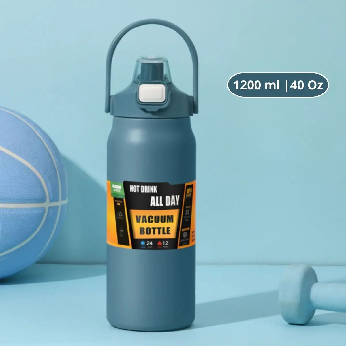 Botella De Agua Térmica. Termo Deportivo De Doble Pared De Acero Inoxidable  Y Soporte Para Teléfono. 1200 Ml. Color Azul. 1