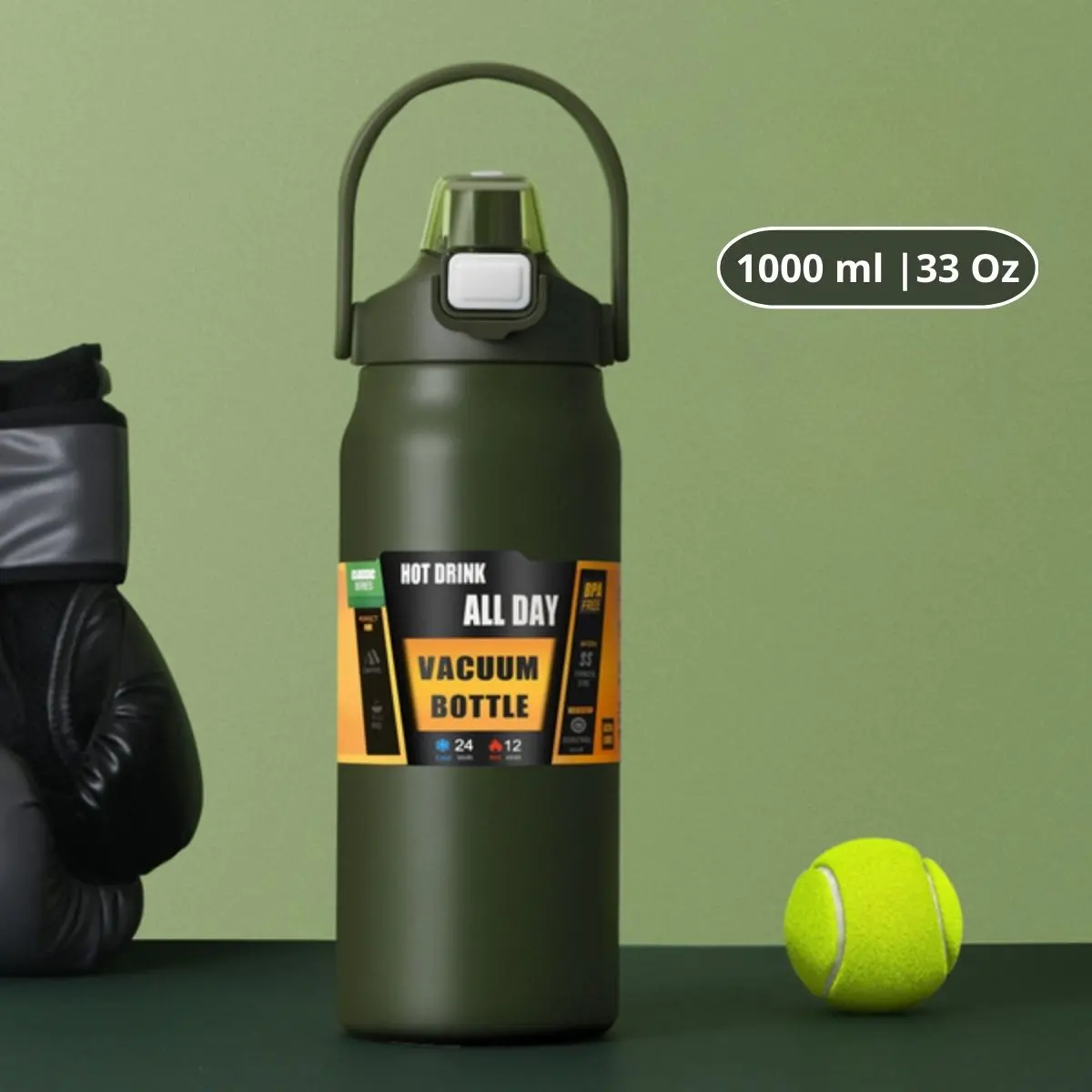 Botella De Agua Térmica. Termo Deportivo De Doble Pared De Acero Inoxidable. 1000 Ml Y Soporte Para Teléfono. Color Verde Militar. 1