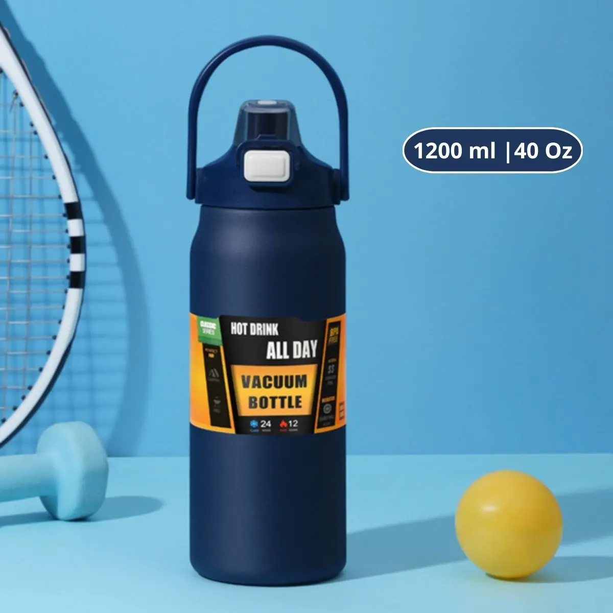 Botella De Agua Térmica. Termo Deportivo De Doble Pared De Acero Inoxidable. 1200 Ml Y Soporte Para Teléfono. Color Azul Oscuro. 1