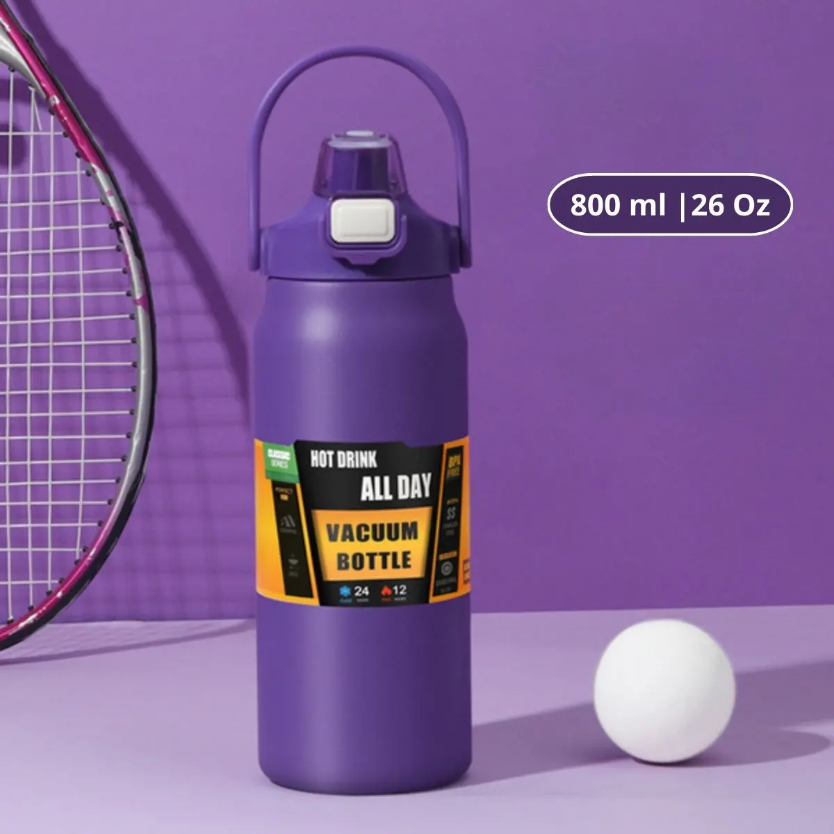 Botella De Agua Térmica. Termo Deportivo De Doble Pared De Acero Inoxidable. 800 Ml Y Soporte Para Teléfono. Color Morado. 1