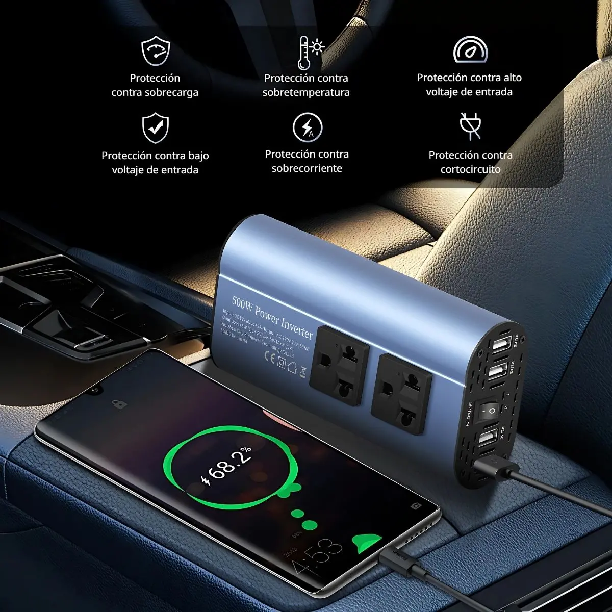 Inversor De Corriente De 500W Para Automóvil, Diseñado Para Convertir La Energía De 12V Del Encendedor De Cigarrillos De 500W Para Auto 1