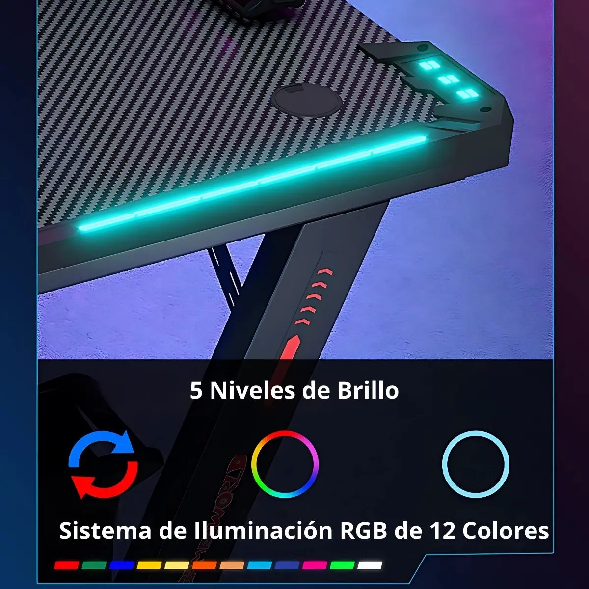 Mesa Escritorio Gamer Con Iluminación Rgb, Fibra De Carbono. Posavasos Y Soporte Para Auriculares. Negro Y Rojo.100X160x74 Cm. Gaming 2