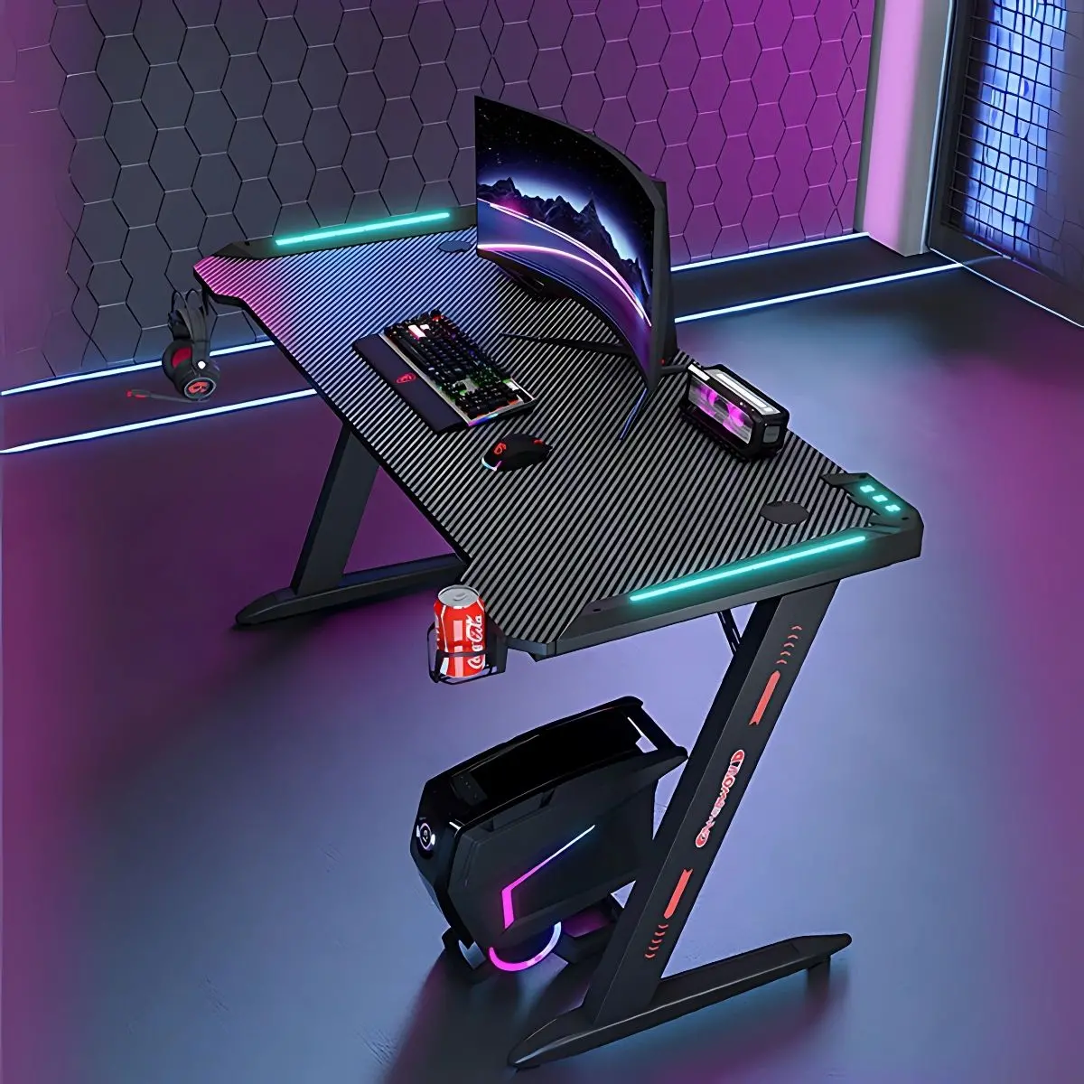 Escritorio Mesa Gamer Con Iluminación Rgb, Fibra De Carbono. Posavasos Y Soporte Para Auriculares. 120X160x74 Cm Gaming 1