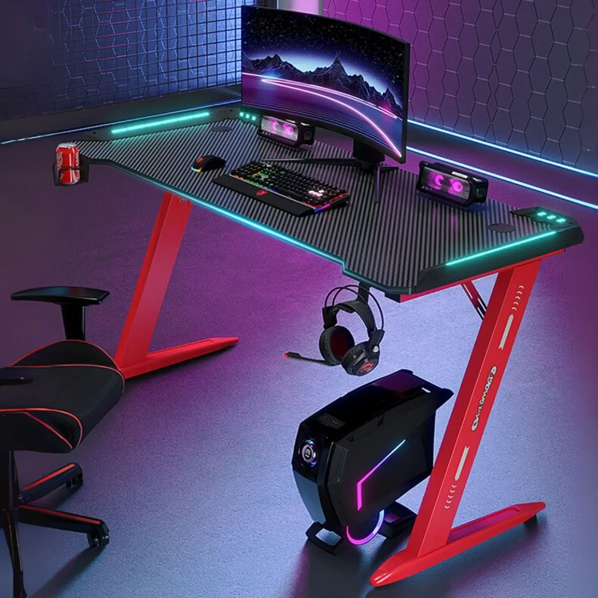 Mesa Escritorio Gamer Con Iluminación Rgb, Fibra De Carbono. Posavasos Y Soporte Para Auriculares. Negro Y Rojo.100X160x74 Cm. Gaming 1