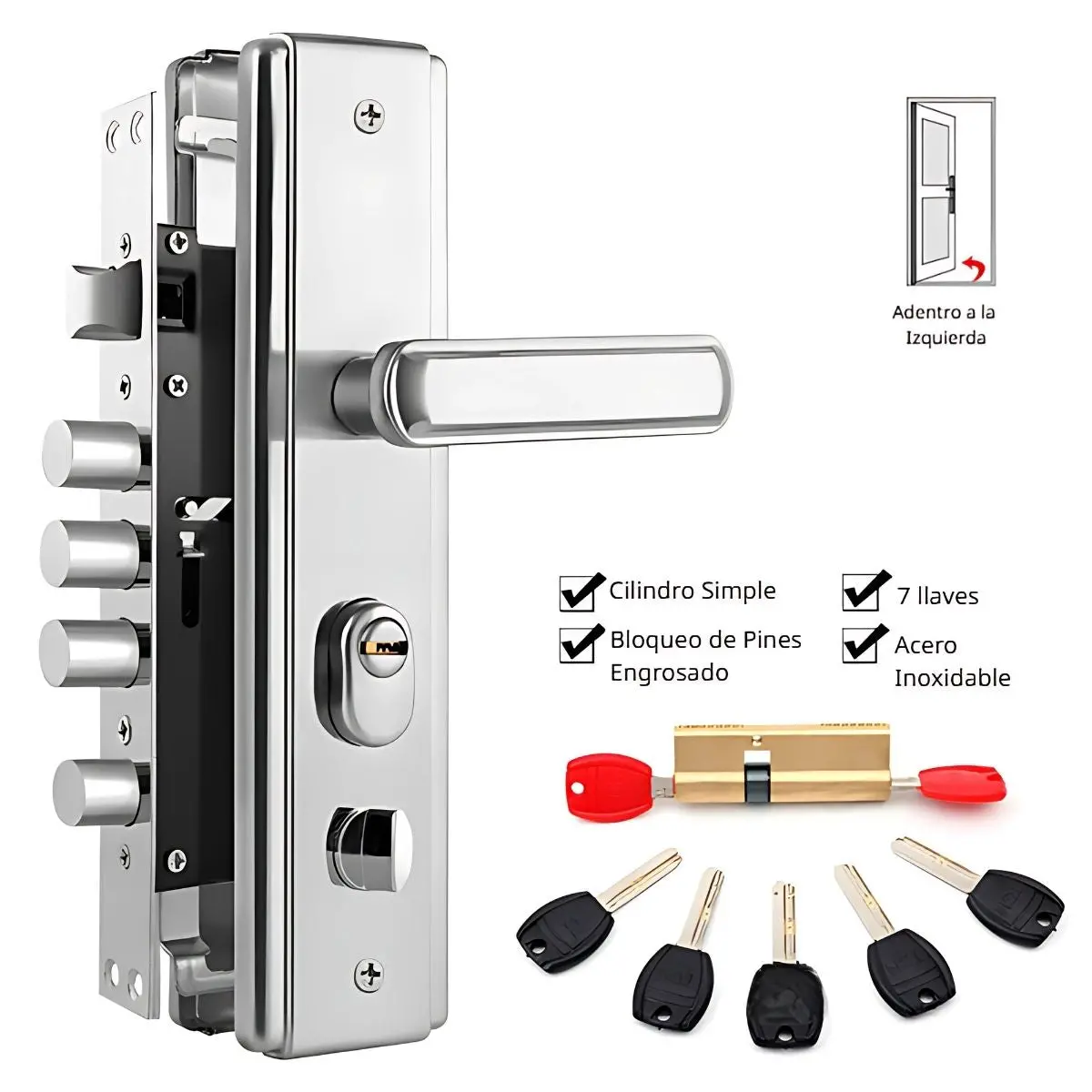 Cerradura De Seguridad Embutida Para Puertas Metálicas 45 A 55Mm.  280Mmx65mm. Con Cilindro De Acero Inoxidable. Incluye 7 Llaves.  Apertura Izquierda Hacia Adentro 1