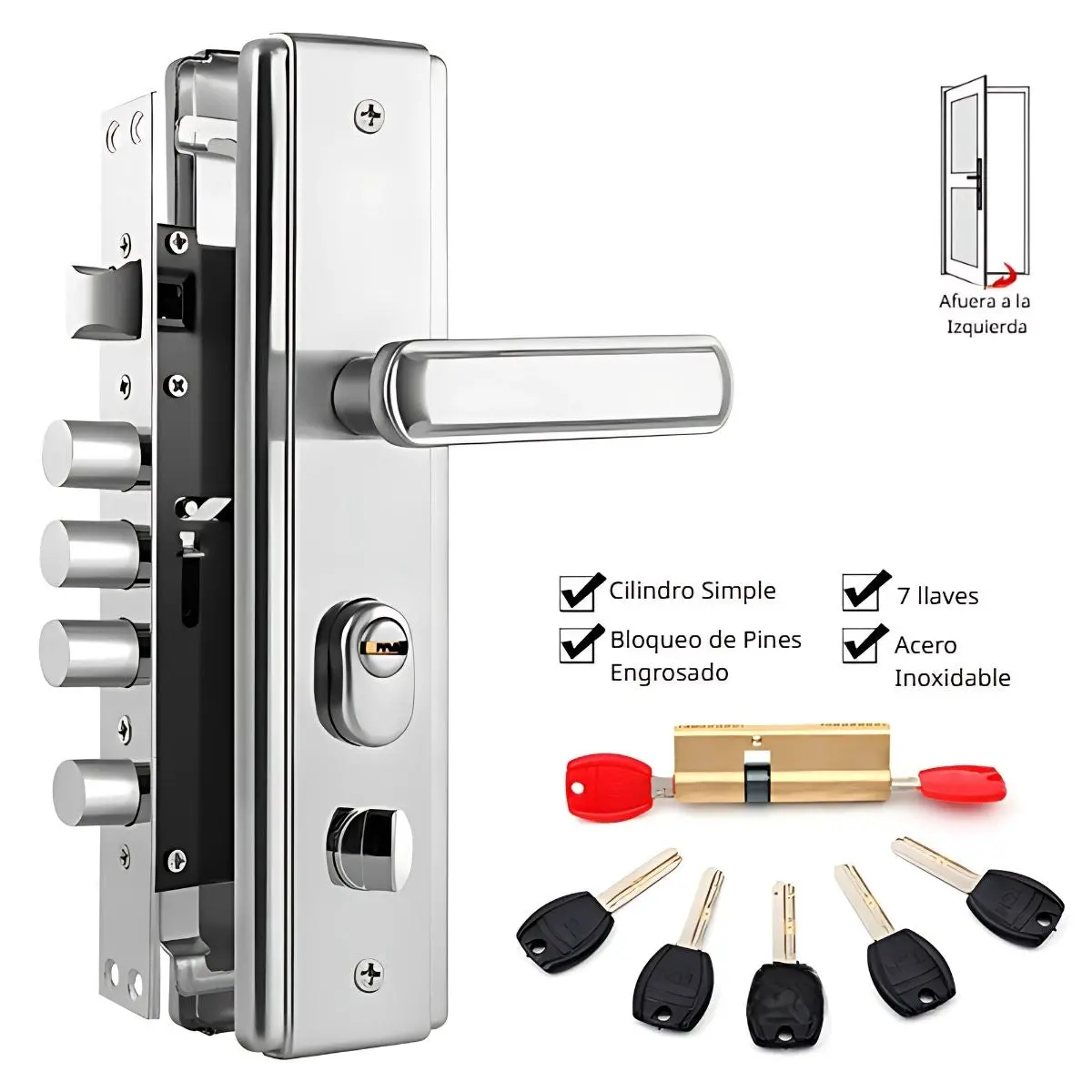 Cerradura De Seguridad Embutida Para Puertas Metálicas 45 A 55Mm.  280Mmx65mm. Con Cilindro De Acero Inoxidable. Incluye 7 Llaves.  Apertura Izquierda Hacia Afuera 1