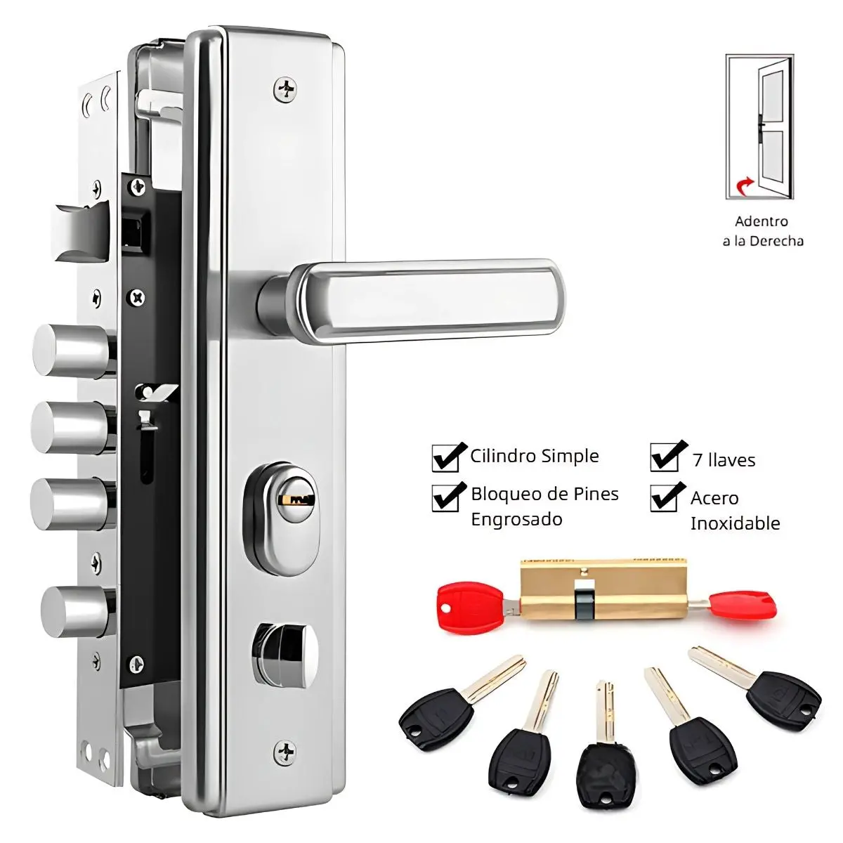 Cerradura De Seguridad Embutida Para Puertas Metálicas 45 A 55Mm.  280Mmx65mm. Con Cilindro De Acero Inoxidable. Incluye 7 Llaves.  Apertura Derecha Hacia Adentro 1
