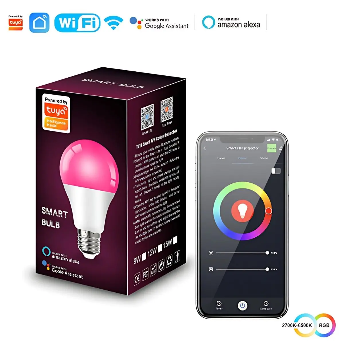 Foco Bombillo Inteligente Led Rgb Wifi+Bluetooth. 9W Foco Iluminación Rgb Con App Y Control Remoto Compatible Con Alexa Y Google Assistant. Bombilla 1