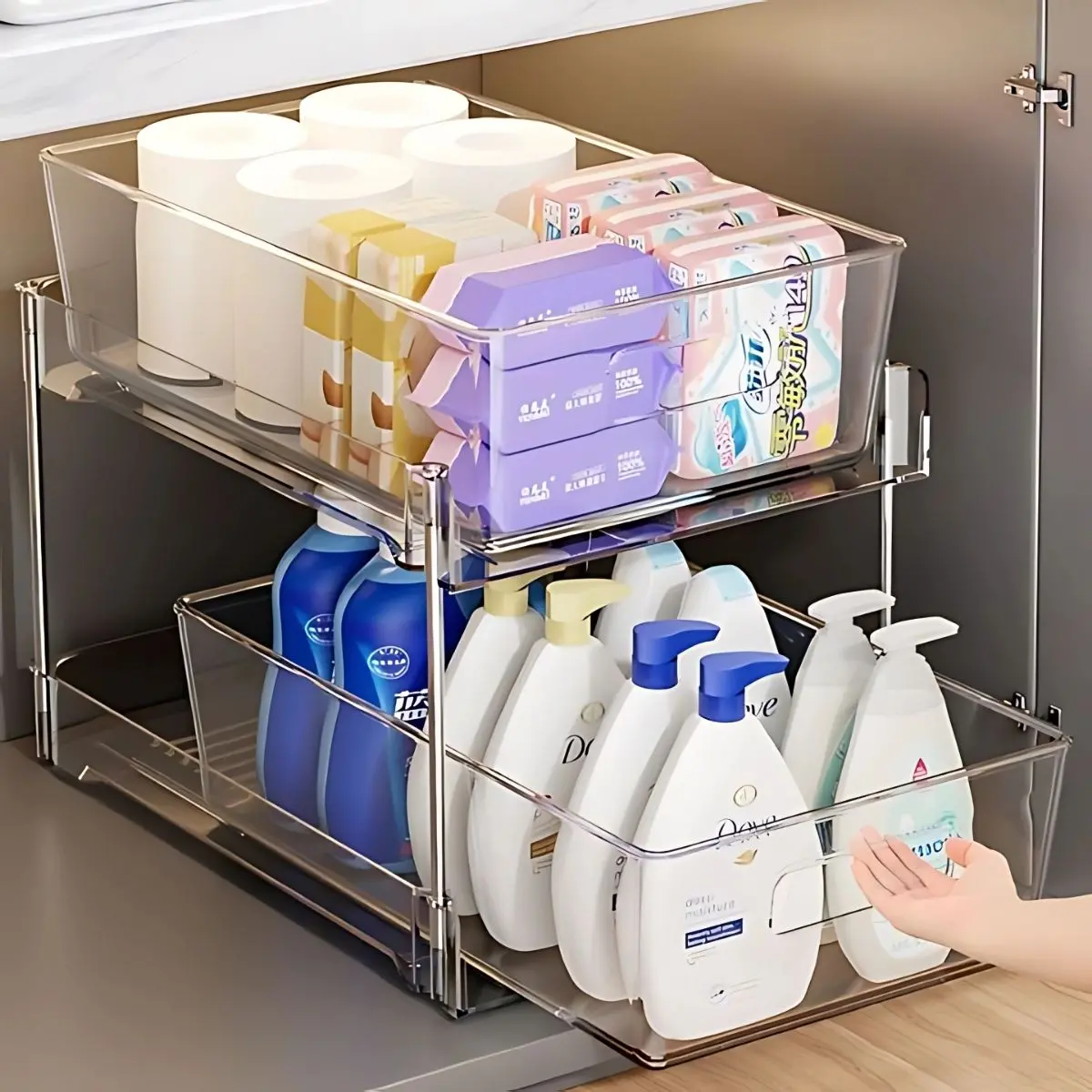 Organizador De Cocina Y Baño De 2 Niveles Con Cajones Deslizantes. Estante De Almacenamiento Para Fregador 28.9X17cm. Transparente. 1