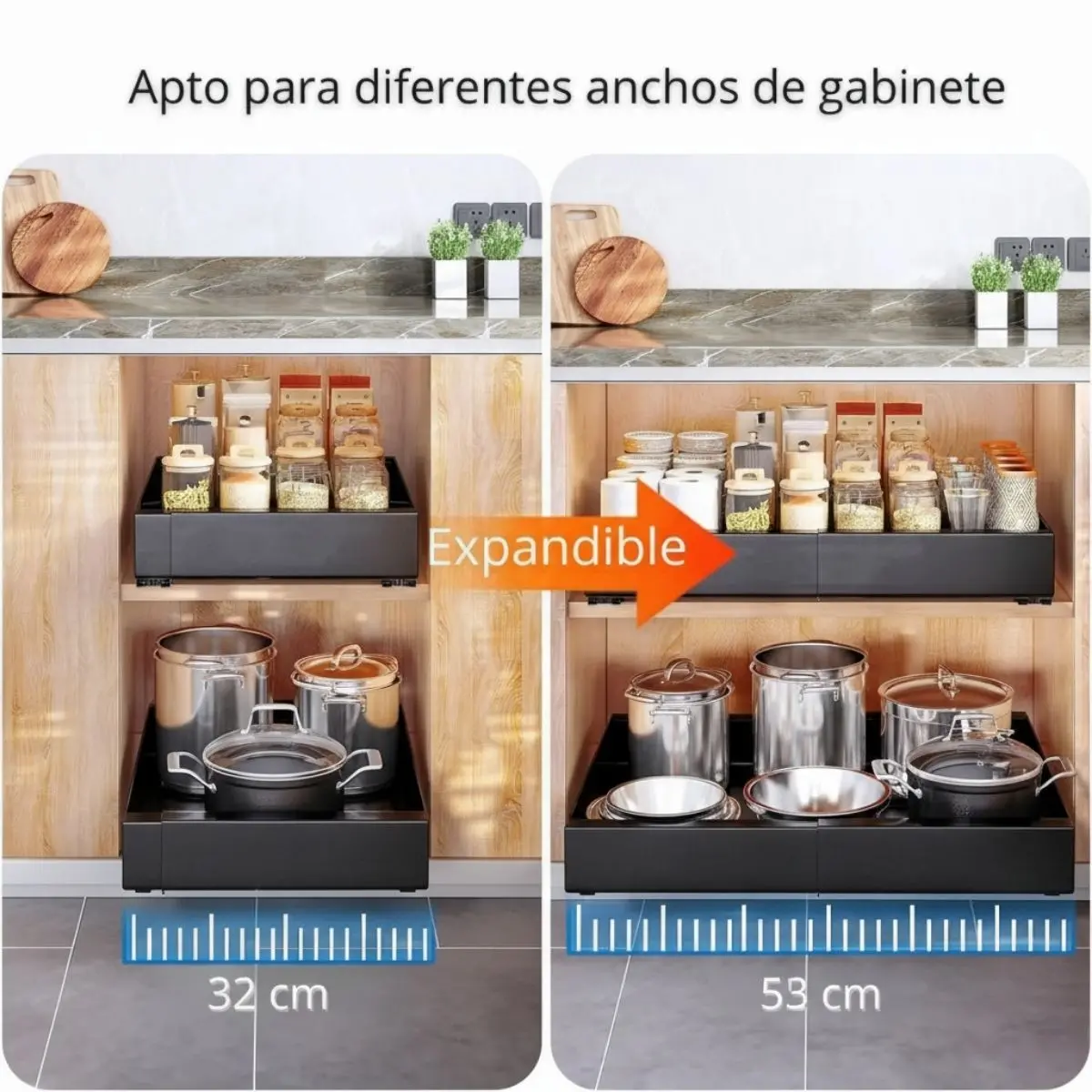 Organizador Gaveta De Cocina Expandible Y Extraíble De Acero Para Latas, Platos Y Despensa. 32 A 53Cm De Ancho X42.5Cm Profundo. Color Negro. 1 Unidad 2