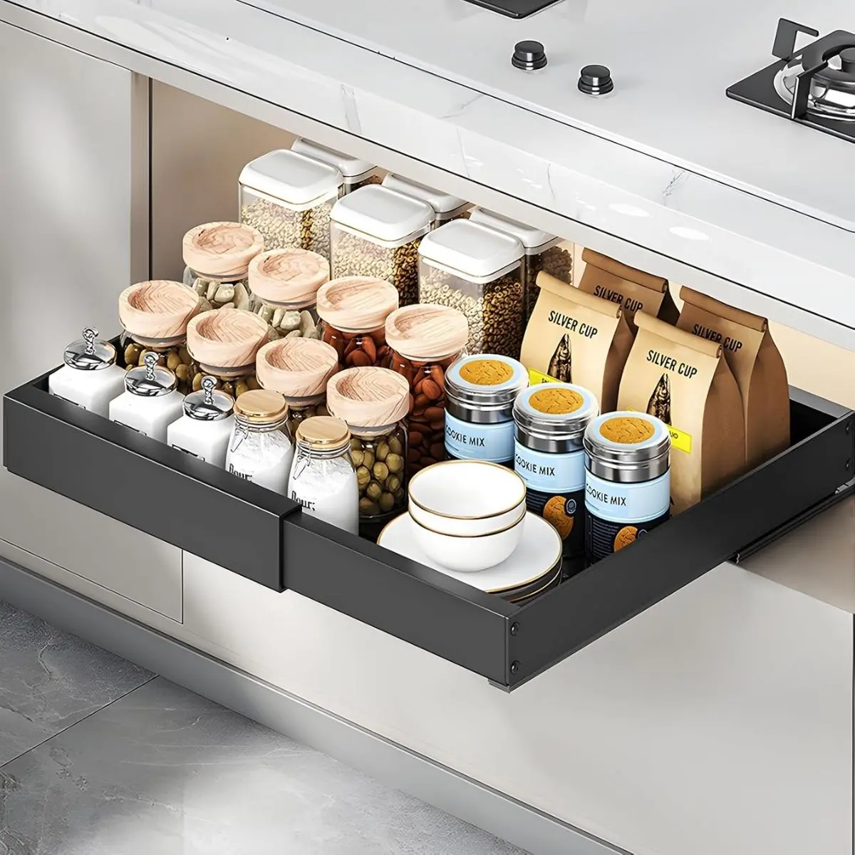 Organizador Gaveta De Cocina Expandible Y Extraíble De Acero Para Latas, Platos Y Despensa. 32 A 53Cm De Ancho X42.5Cm Profundo. Color Negro. 1 Unidad 1