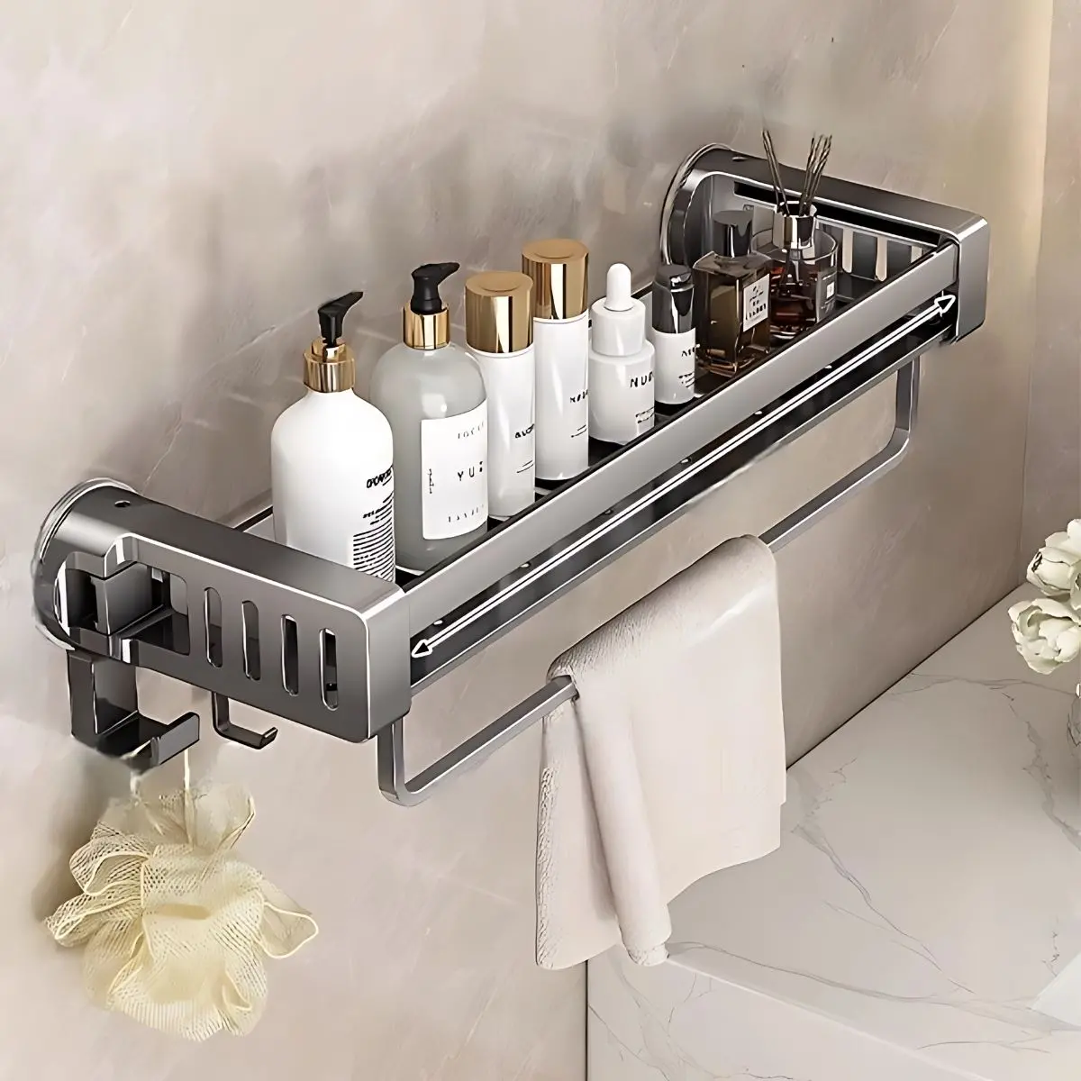 Repisas De Aluminio Con Ventosa Para Baño. Estante Flotante De Ducha. Color Gris. 1
