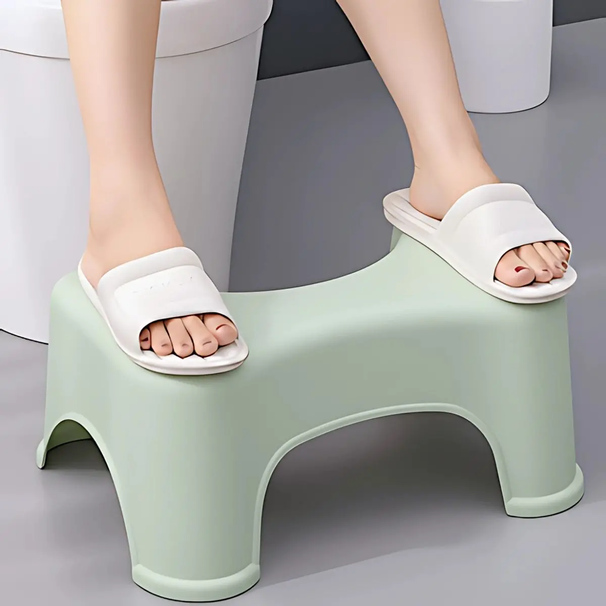 Banquito Para Inodoro. Taburete Ergonómico De Plástico Para El Baño Antideslizante Color Blanco Verde. 1
