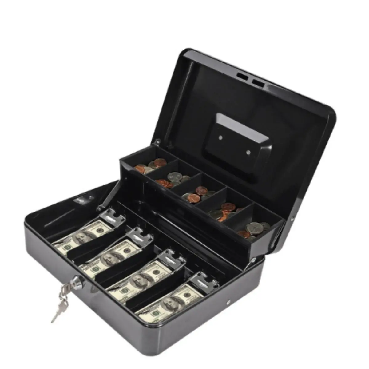 Caja Menuda Con Llave Y Bandeja De Monedas. Caja Chica Para Organizar Billetes 11.8"X9.4"X3.5" (30X24x9 Cms). Color Negro. 1