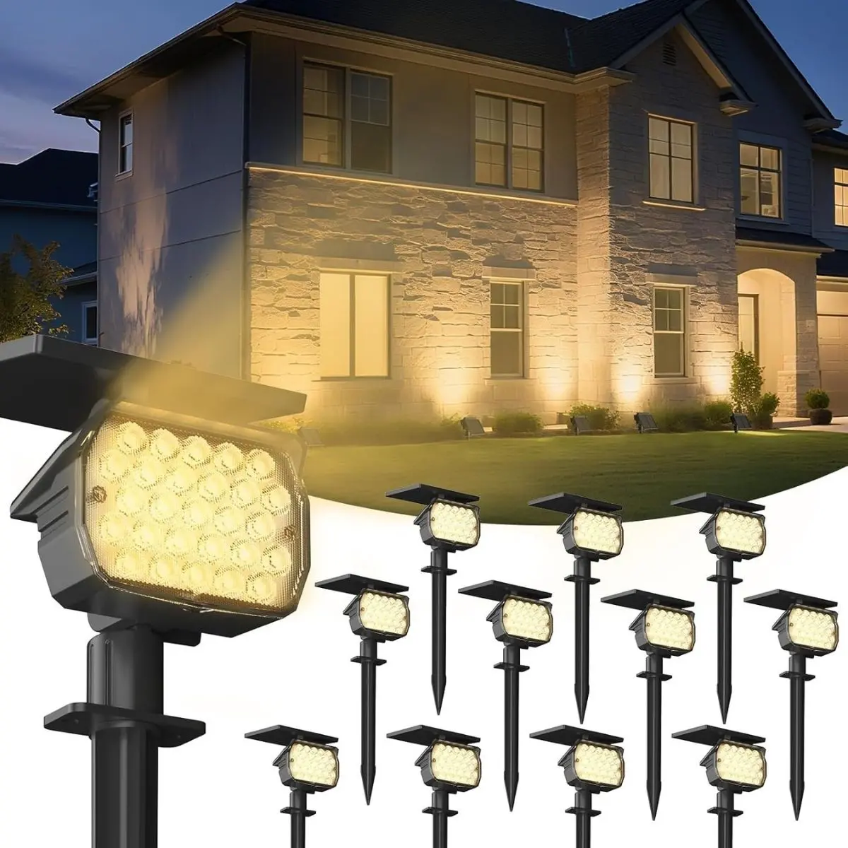 Lampara Solar Led Para Césped Tipo Estaca. (12 Unds) Foco Con Panel Solar Integrado Para Jardín Ip67 Resiste Al Agua. (Luz Cálida). 3W. 3.7V 1