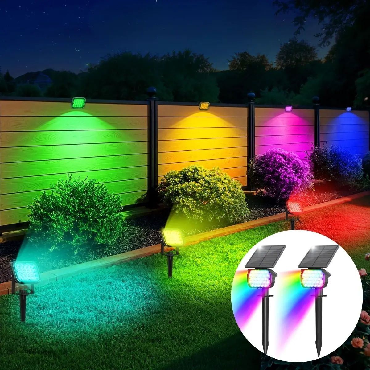 Lampara Solar Led Rgb Para Césped Tipo Estaca. (2 Unds) Foco Con Panel Solar Integrado Color Negro De Abs. Para Jardín Ip67 Resiste Al Agua. 3W. 3.7V. 1