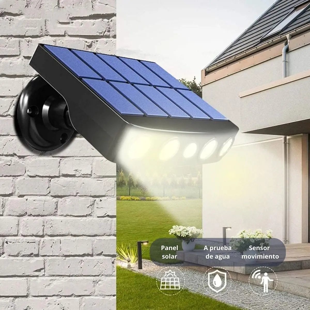 Lámpara Solar Led Ip65 Cobertura 50M² 120º Con Sensor De Movimiento. Foco Con Panel Solar Para Exteriores. Luz Cálida. 5V. 300Ma.1200 Mah. Color Negro 1