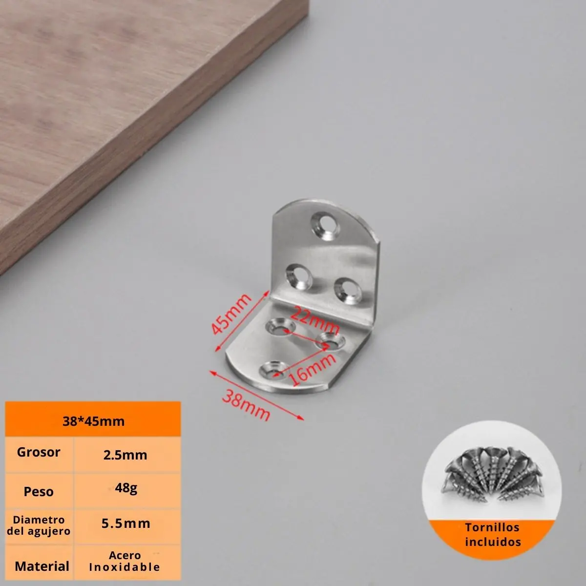Escuadra De Acero Inoxidable 90º.2”X2”(50X50 X 38Mm) 2.5Mm Espesor . Incluye Tornillos. Angulo 1