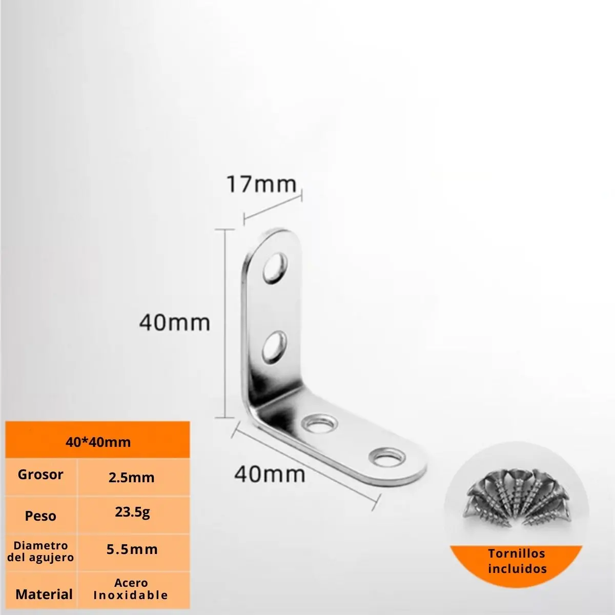 Escuadra De Acero Inoxidable 90º.1.6”X1.6”(40X40mm). Espesor 3.0Mm Incluye Tornillos. Angulo 1