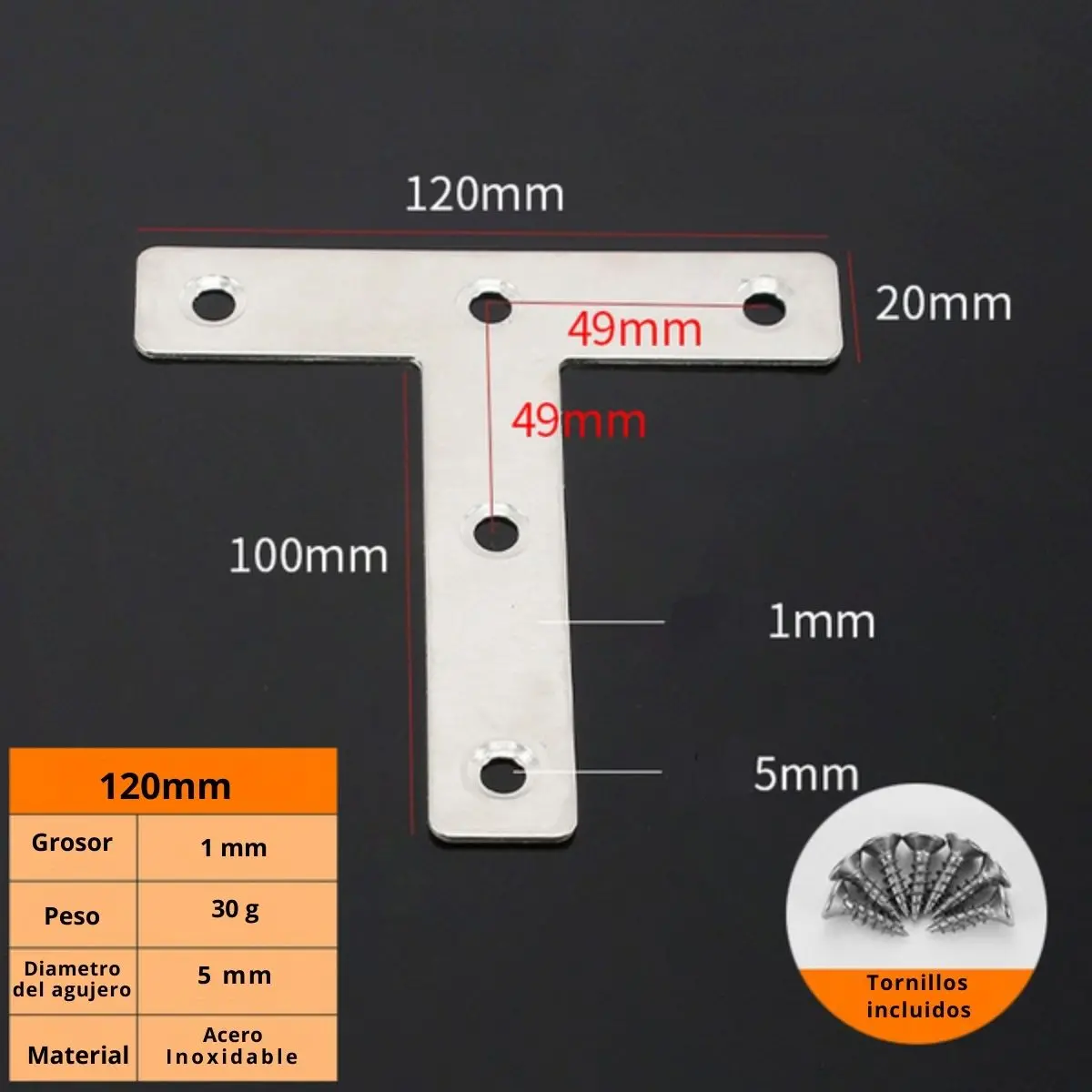 Placa De Unión Tipo T 4.7”(120Mm) De Acero Inoxidable Con Tornillos 1