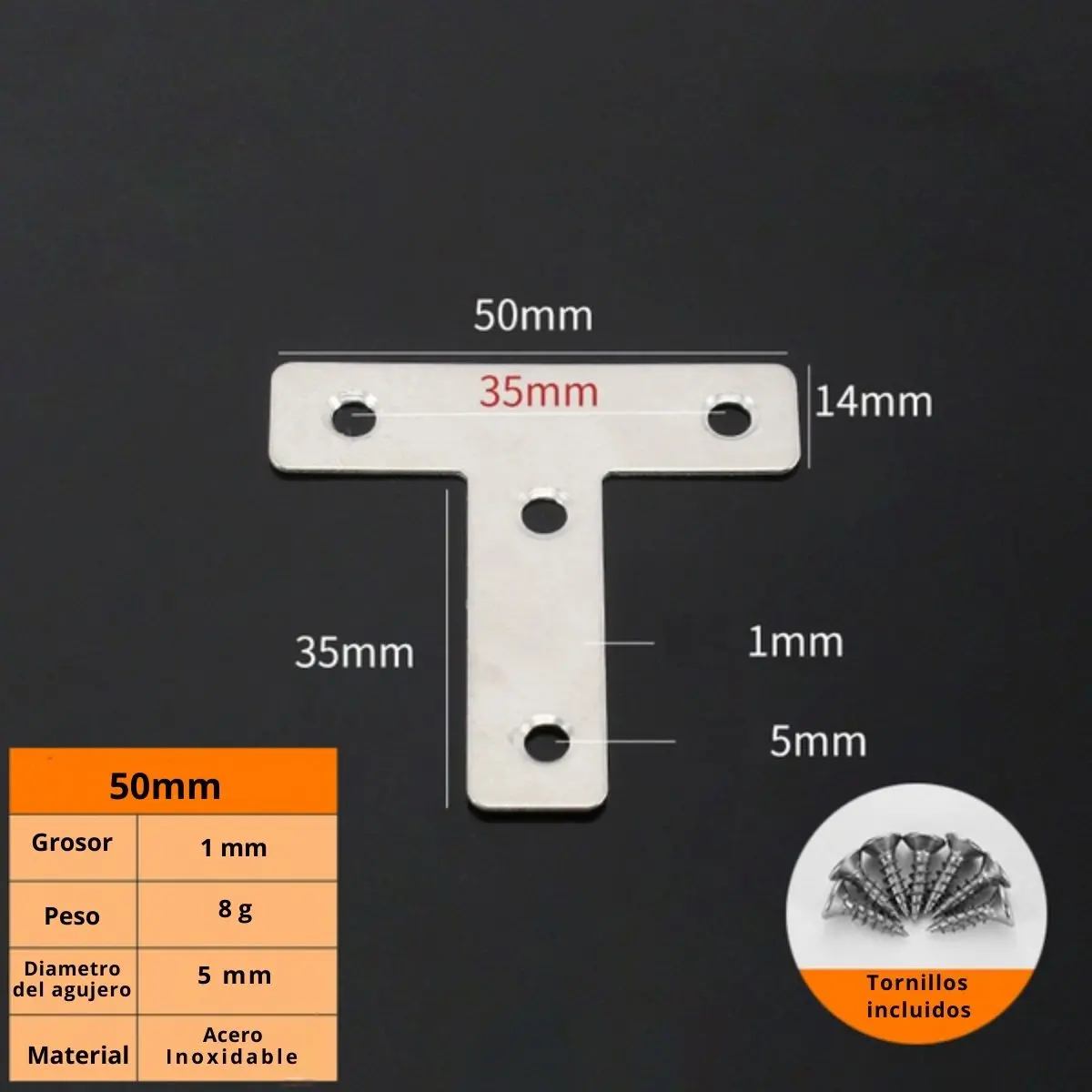 Placa De Unión Tipo T 2” (50 Mm) De Acero Inoxidable Con Tornillos 1