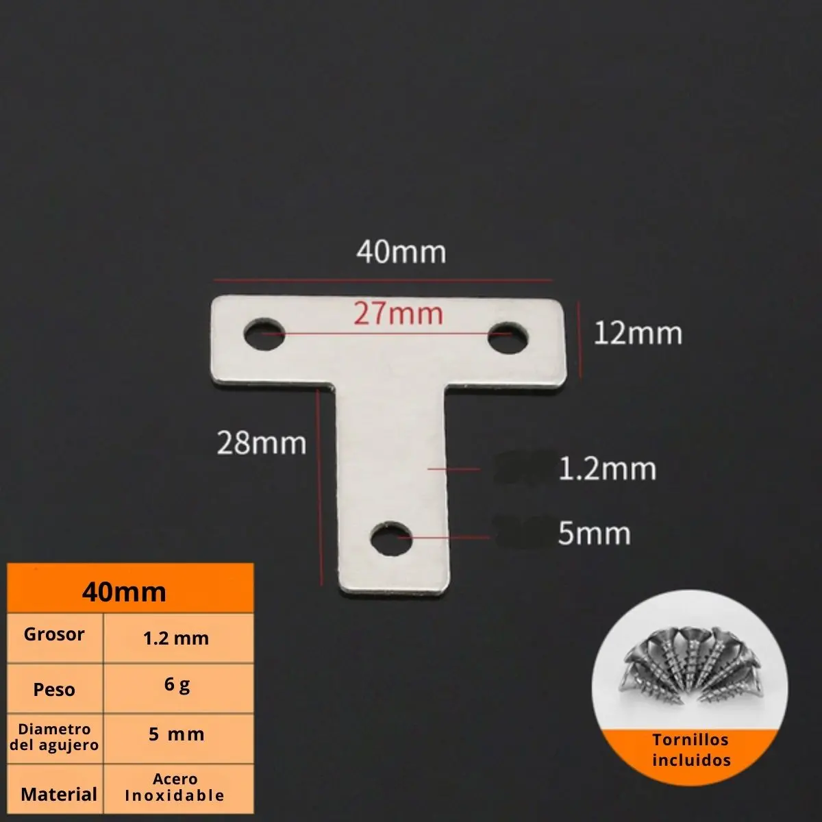Placa De Unión Tipo T 1.6” (40 Mm) De Acero Inoxidable Con Tornillos 1