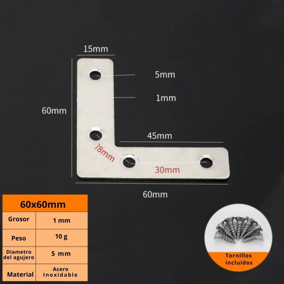 Angulo De Fijación L De Acero Inoxidable 2.4" 60X60mm Refuerzo Escuadra Ángulo Con Tornillos Escuadra 1