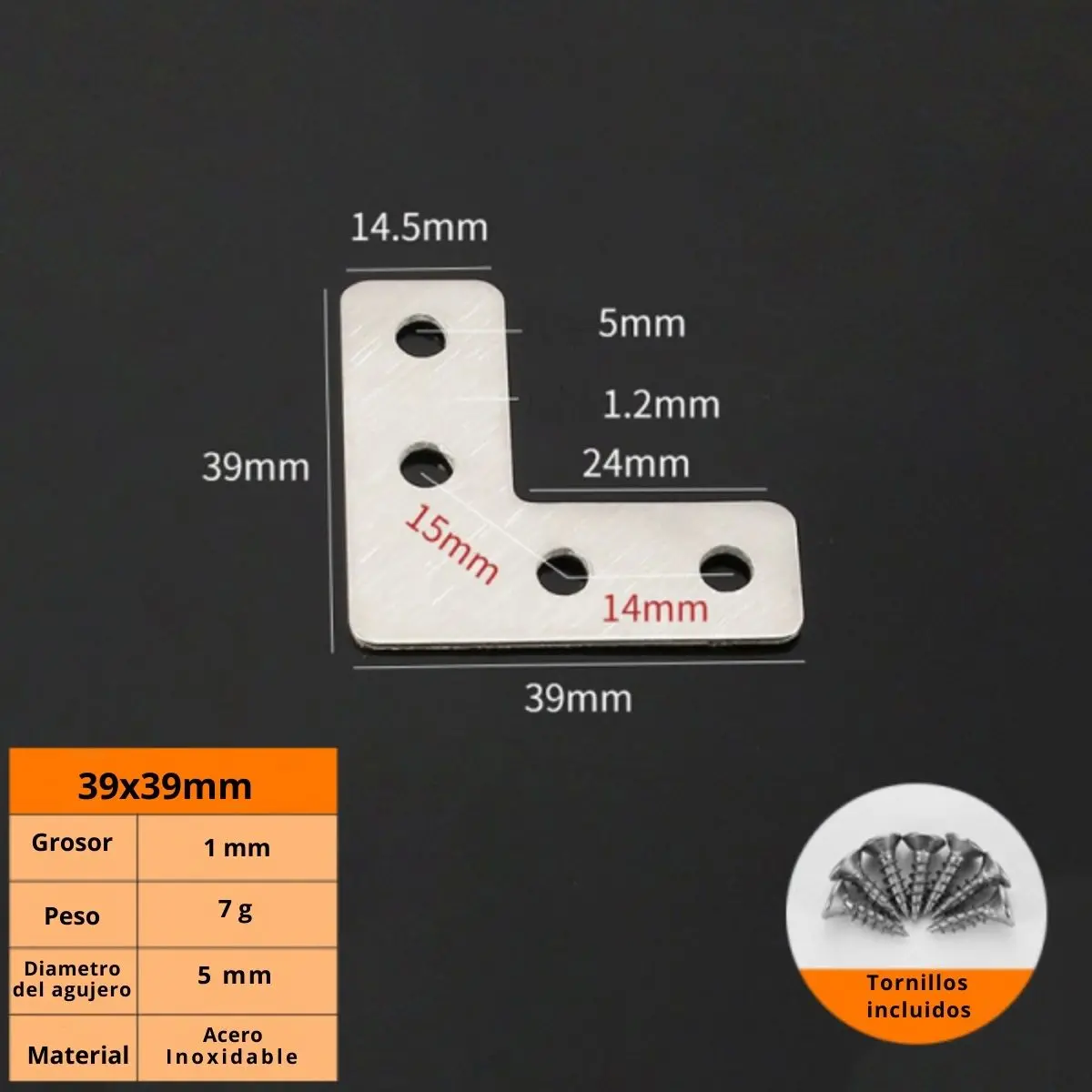 Angulo De Fijación L De Acero Inoxidable 1.5X1.5” 39X39mm Refuerzo Escuadra Ángulo Con Tornillos Escuadra 1