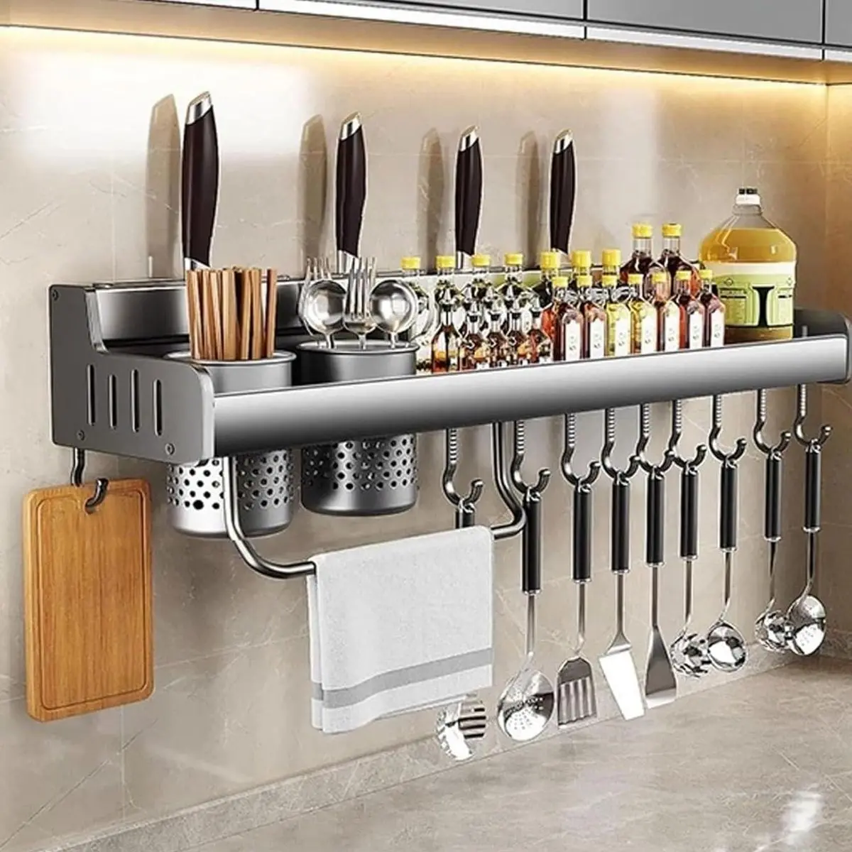 Organizador De Cocina De Pared De Aluminio Especial Con Repisa Y Ganchos. Estante Flotante Multiuso 23.6X5.3" (60X13.5Cm) 1