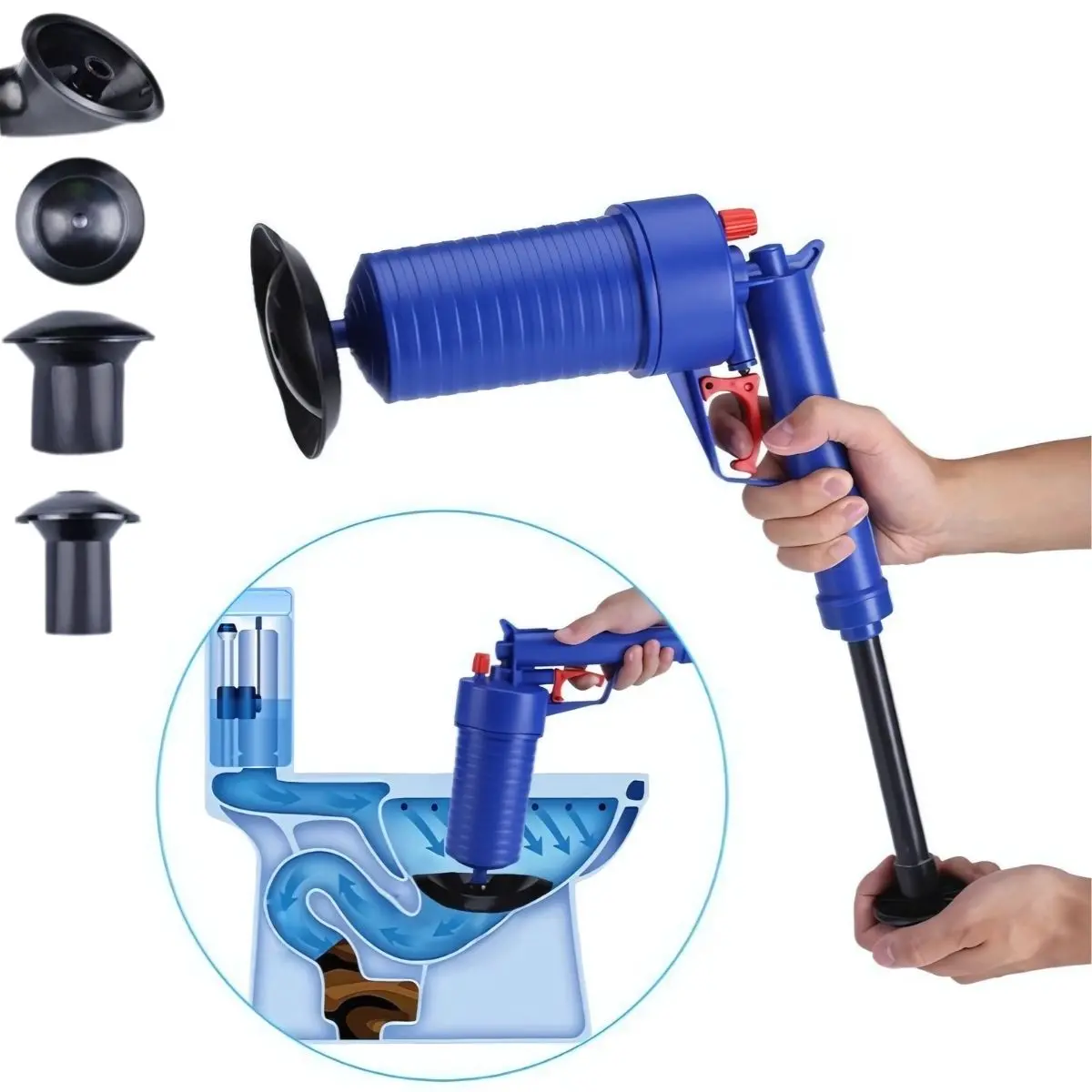 Destapador Despacaños De Inodoro De Alta Presión. Neumático Potente Para Baño, Cocina Y Drenajes Con Cabezales Intercambiables. 1