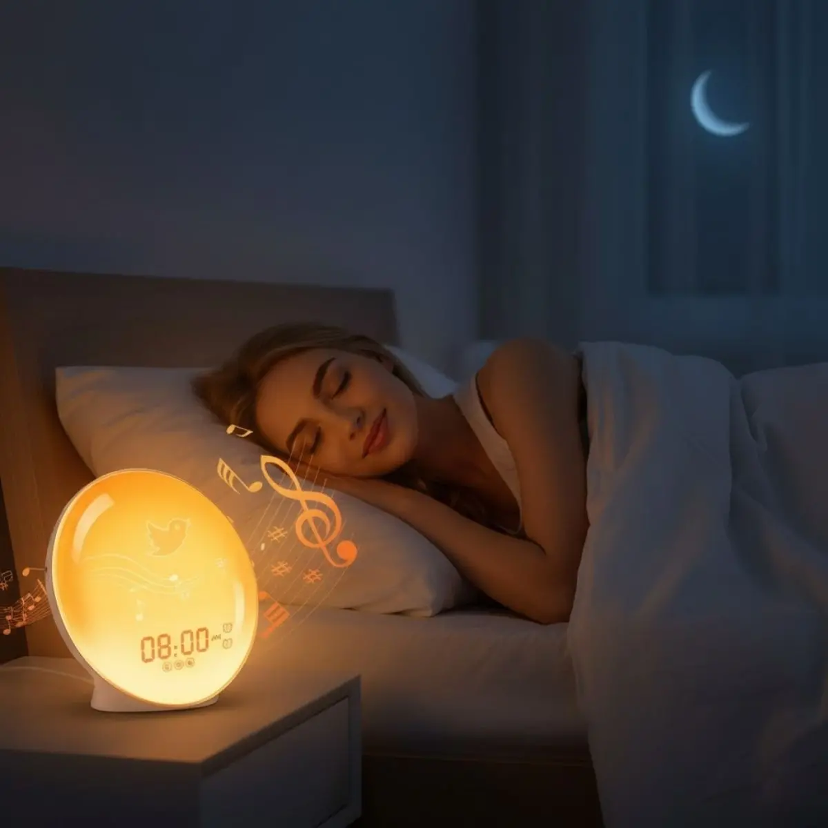 Lampara De Mesa De Noche Led Con Despertador. Reloj Con 7 Tonos De Luz Y Radio Fm Con Sonidos Naturales Y Puerto Usb Para Cargar El Teléfono. 1