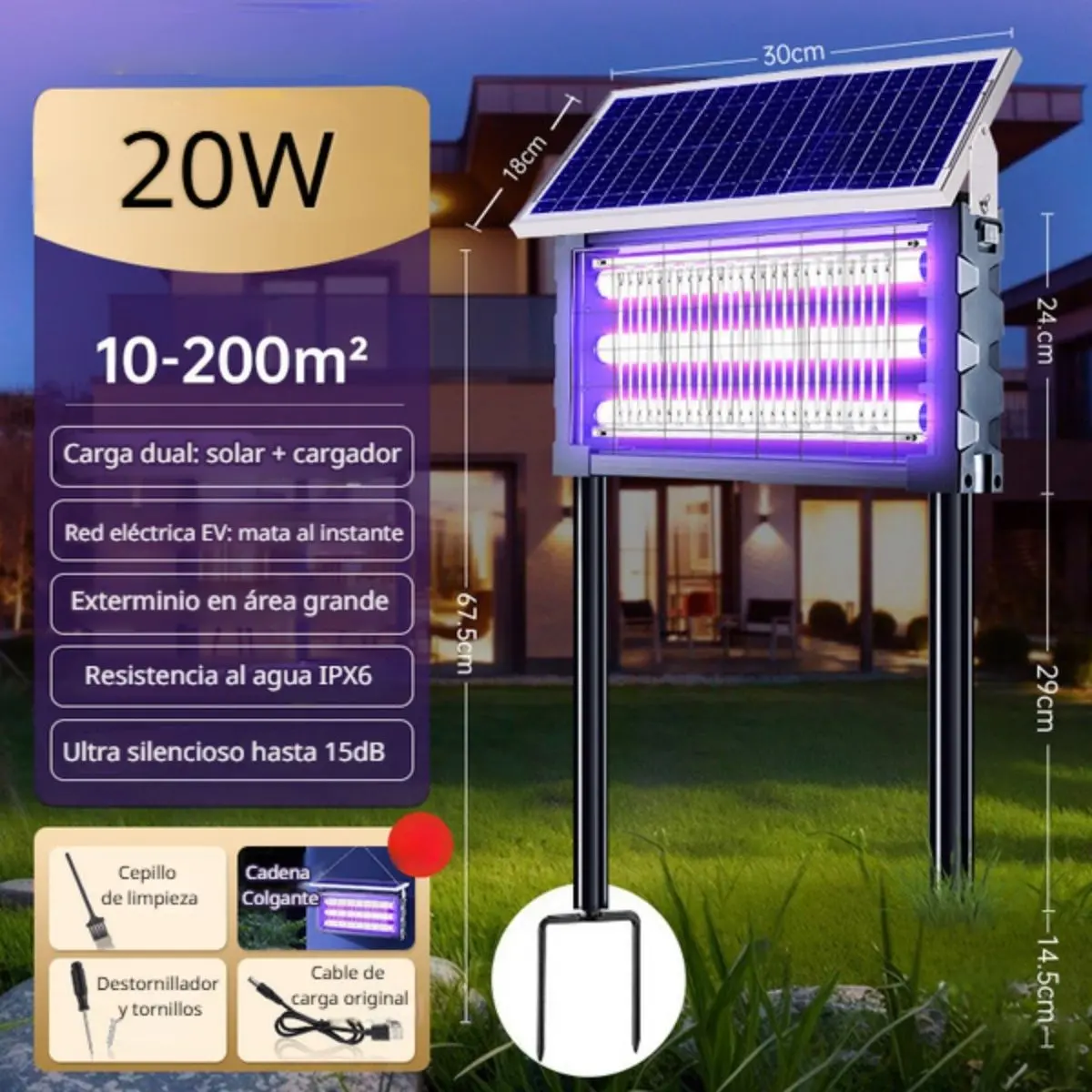 Lámpara Solar Mata Insectos Recargable. Antimosquitos 35W Triple Tubo Uv Para Terrazas, Patios, Gazebos. Cobertura 400 M². 65X19.5X87.5Cm. 1