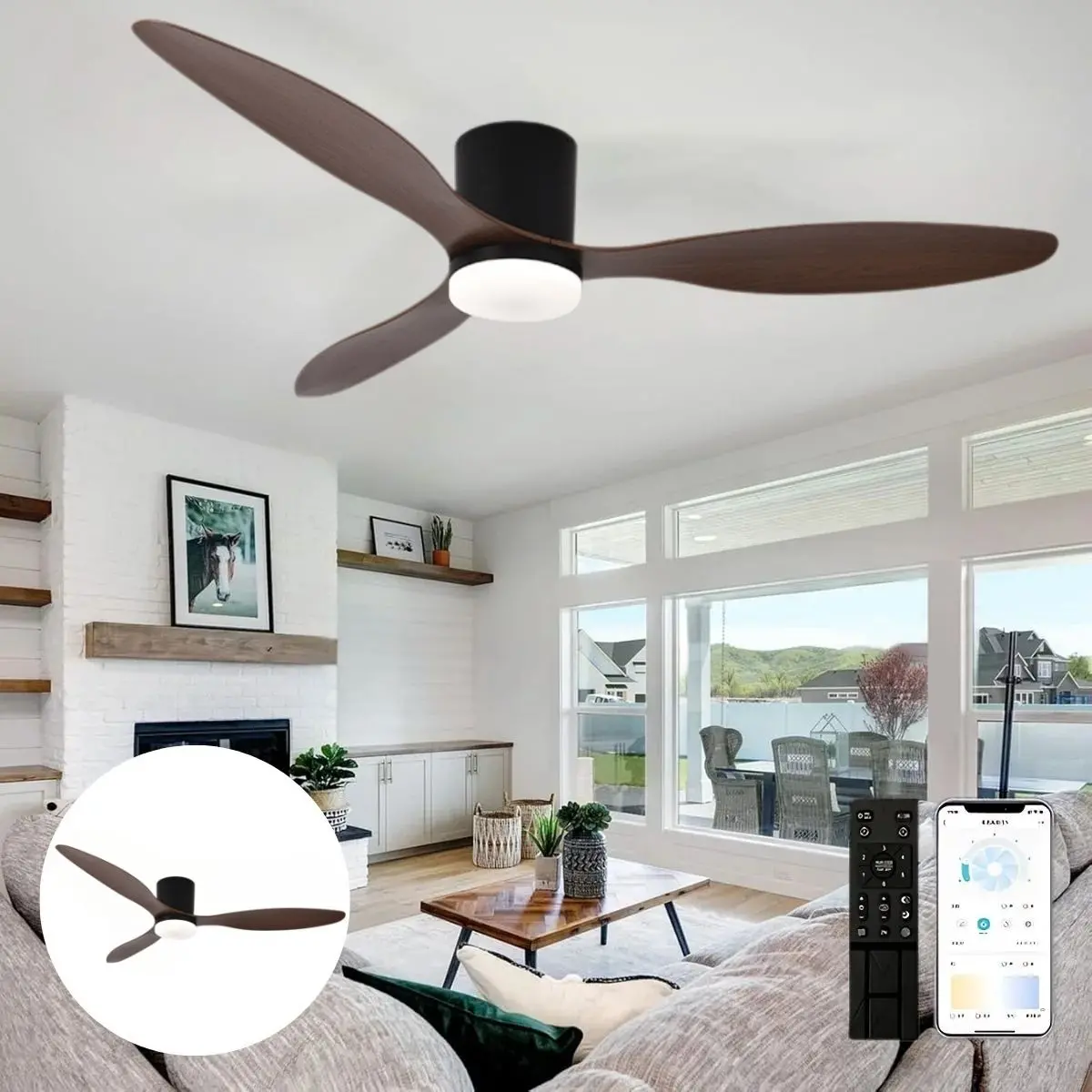 Abanico De Techo Con Lámpara. 3 Tonos De Luz. 42'' Ventilador Con Control Remoto Y App. Fan 110V Color Chocolate. 1