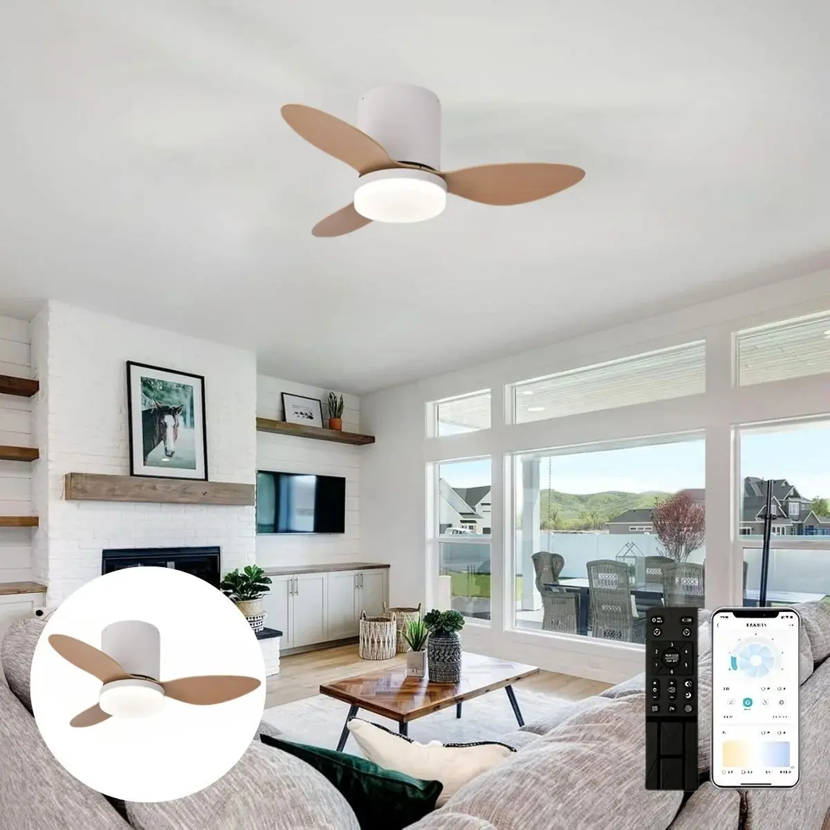 Abanico De Techo Con Lámpara. 3 Tonos De Luz. 25" Ventilador Con Control Remoto. Fan 110V Color Madera Claro 1