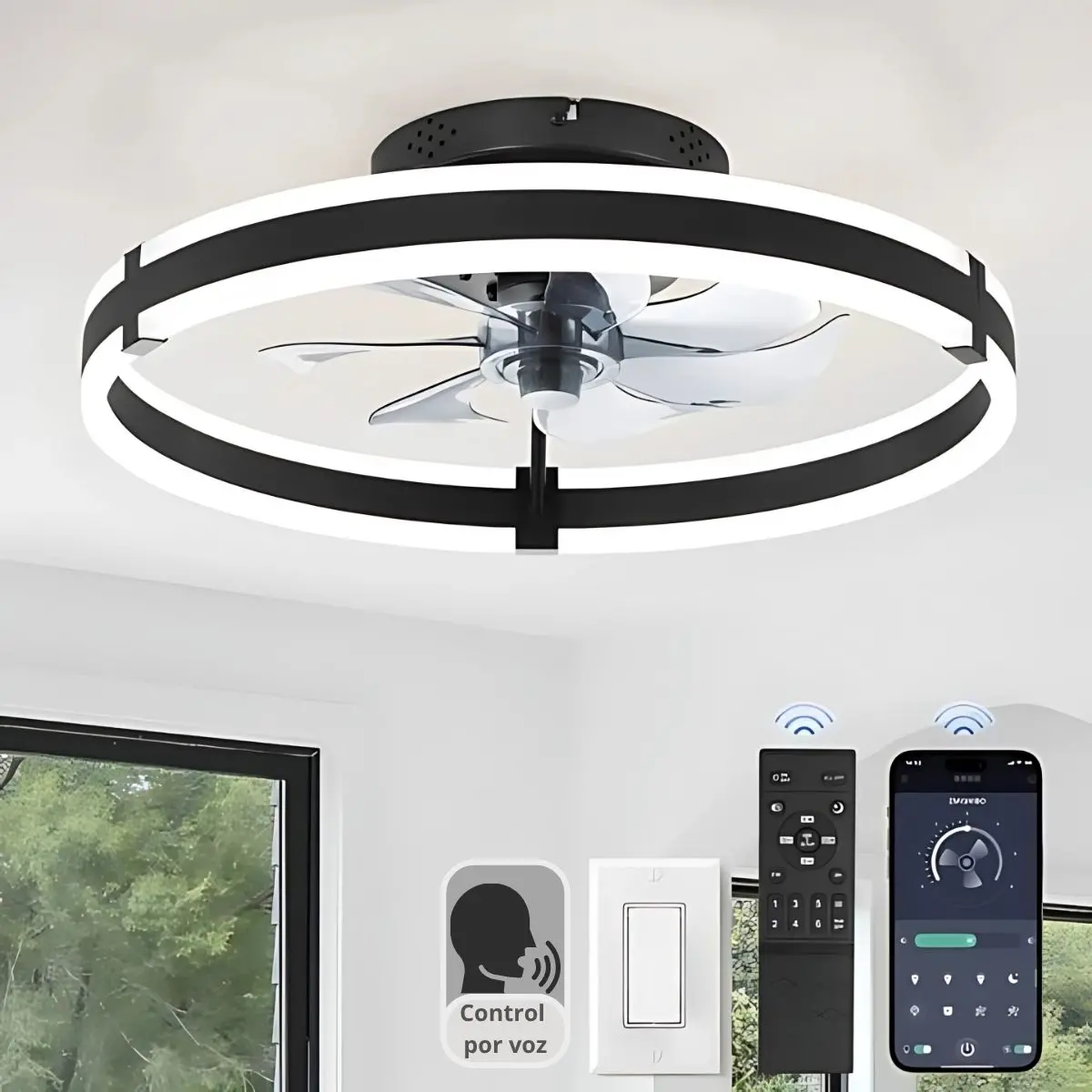 Abanico De Techo Con Luz Led Dimeable. Ventilador A Control Remoto Y Control Por Voz Offline 13”. Color Negro 1