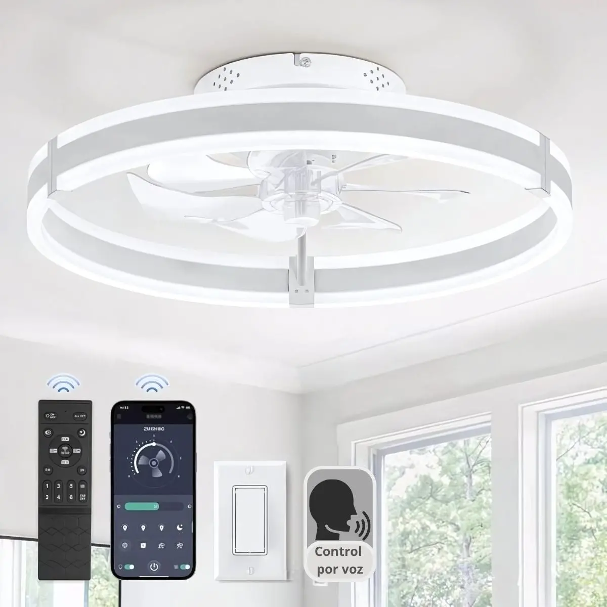 Abanico De Techo 13" Con Luz Led Dimeable. Ventilador A Control Remoto Y Control Por Voz Offline. Color Blanco. 1