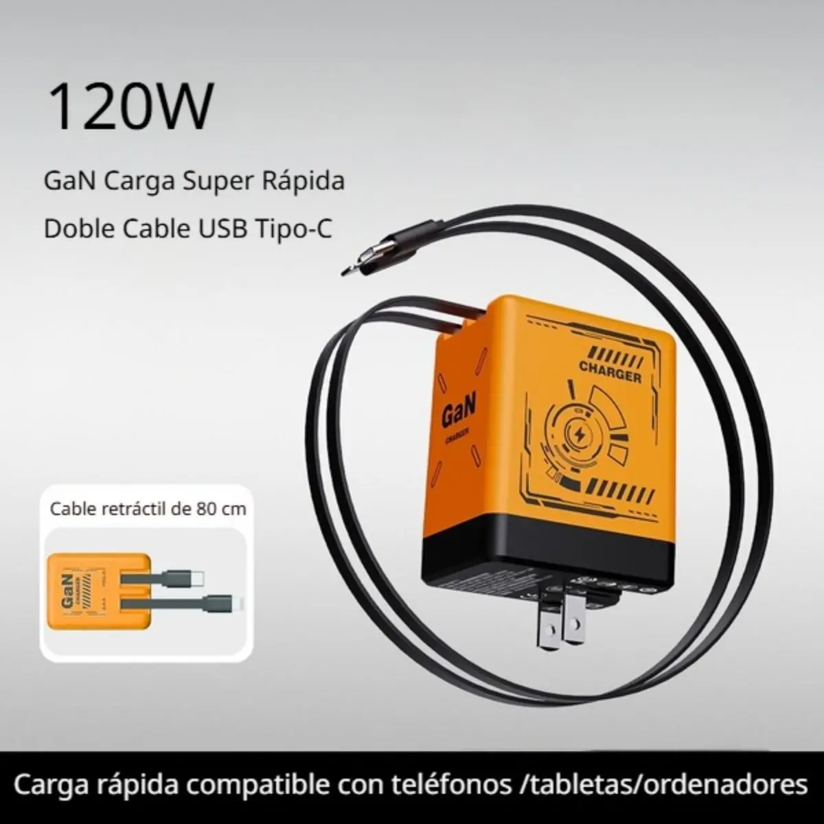 Cargador Rápido Gan (Nitruro De Galio) 120W Con Doble Cable Retráctil Compatible Con Iphone Y Android. Color Naranja 80Cm 1