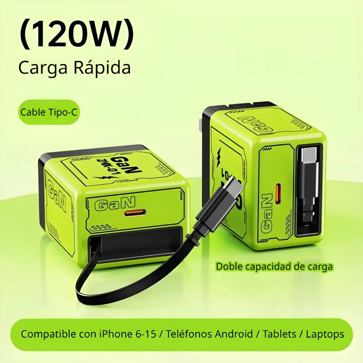Cargador Rápido Gan (Nitruro De Galio) 120W Tipo-C Doble Capacidad De Carga Compatible Con Iphone Y Android (1 Und) 1