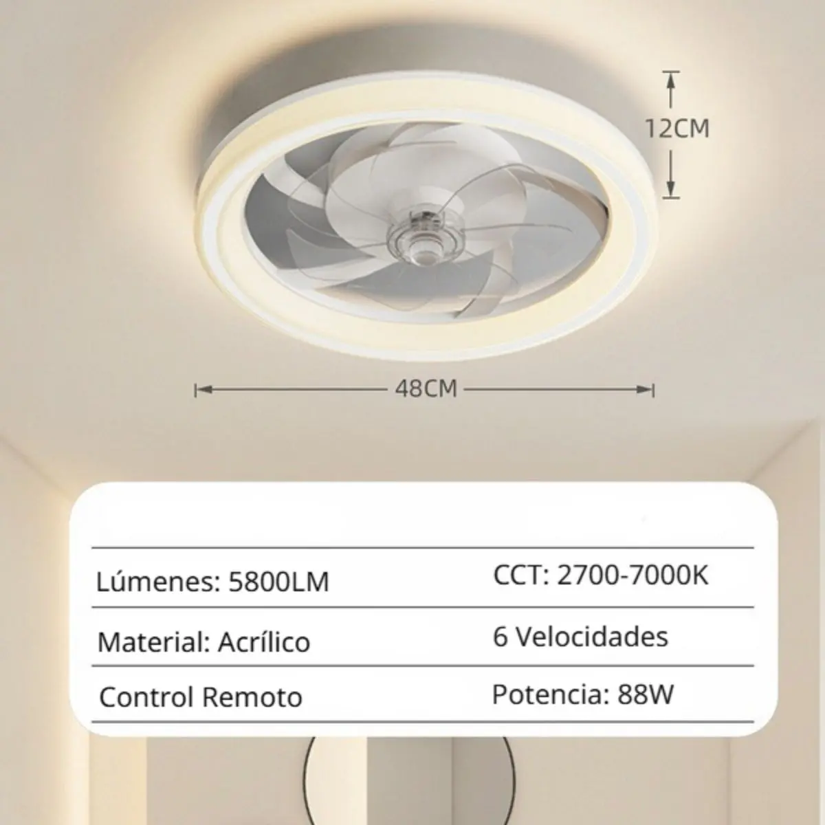 Abanico De Techo Con Luz Led Y Control Remoto. Ventilador Silencioso Con Lámpara Dimeable Integrada 18.8” (48Cm) Color Blanco 1