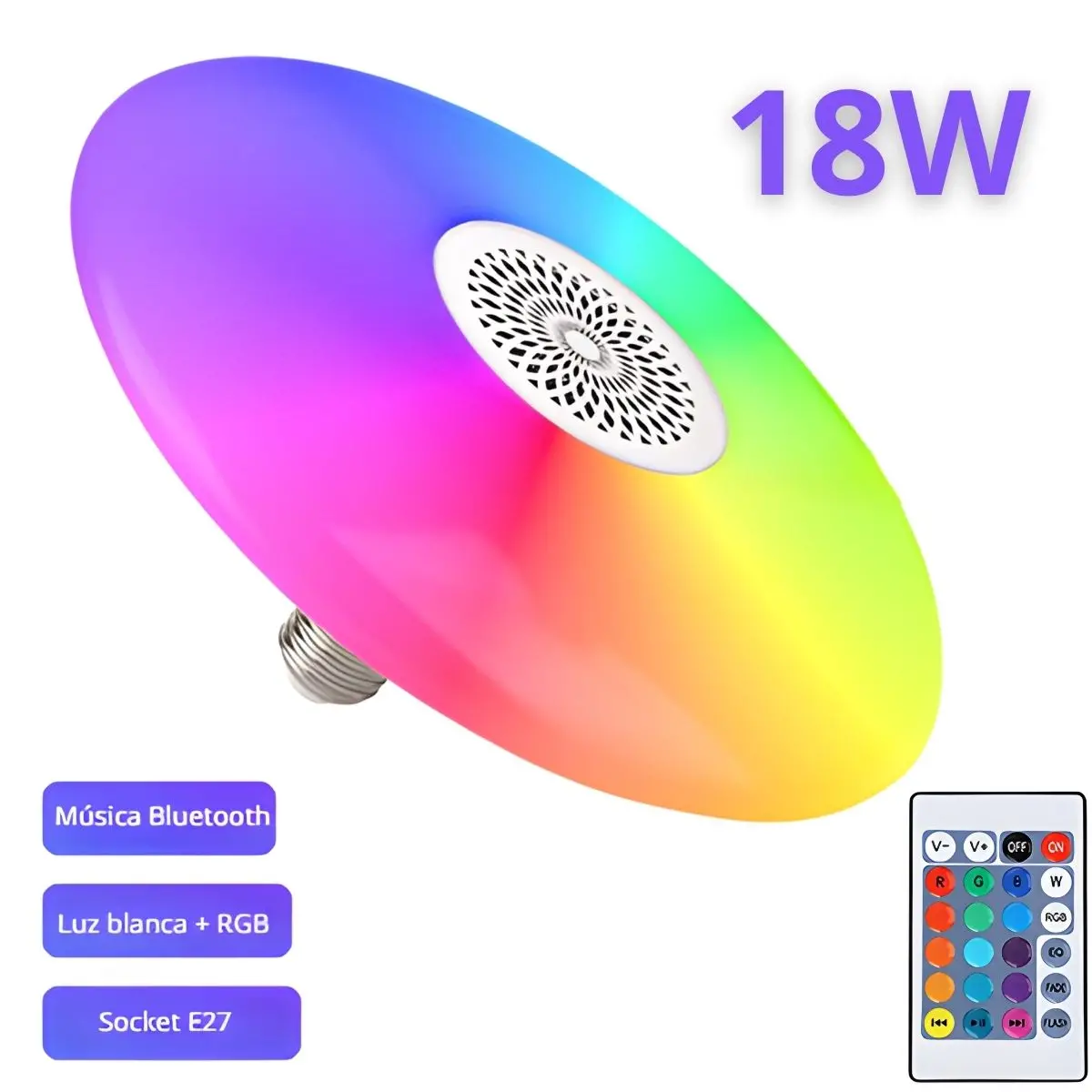 Foco Led Rgb Y Luz Blanca 6500K Bluetooth Con Bocina. Lámpara Socket E27 Con Control Remoto. Bombillo Para Salas, Habitaciones, Gamers. 18W.6.3” (16Cm) 1